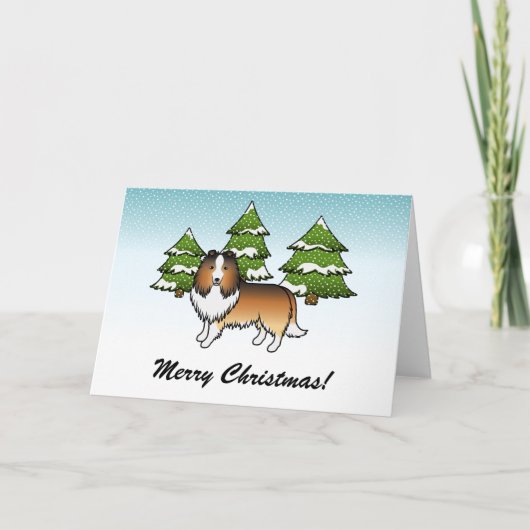 Sheltie Cartoon Dog im Winter & Text Karte (Vorderseite)