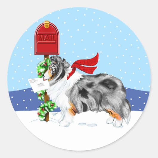 Sheltie Christmas Mail Blue Merle Runder Aufkleber (Vorderseite)