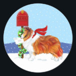 Sheltie Christmas Mail Sable Runder Aufkleber<br><div class="desc">Mit seinen (oder ihren) Feiertaggrüsungen zur Postbox spaziert diese Sheltie durch den Schnee und besticht durch einen gestrickten roten Schal. Weihnachtsspass für Shetland Sheepdog Liebhaber! Collie Folk wird dies ebenfalls LIEBE geben.</div>