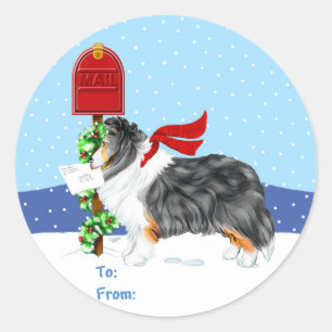 Sheltie Christmas Mail Tri Farbe Geschenktasten Runder Aufkleber