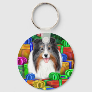 Sheltie Christmas Open Geschenke Blue Merle Schlüsselanhänger