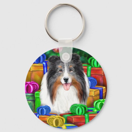 Sheltie Christmas Open Geschenke Blue Merle Schlüsselanhänger (Vorderseite)