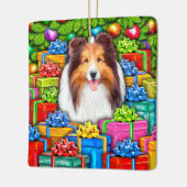 Sheltie Christmas Open Geschenke Keramikornament (Links)