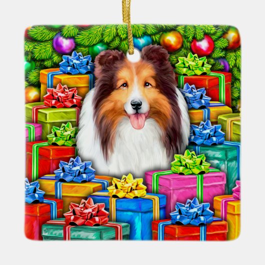 Sheltie Christmas Open Geschenke Keramikornament (Vorderseite)