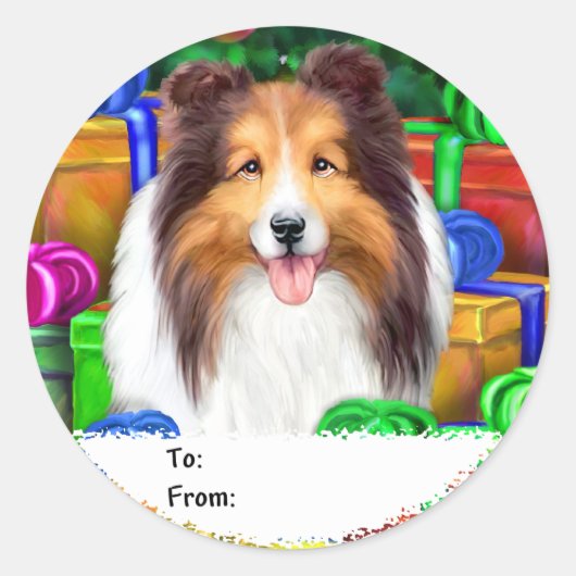 Sheltie Christmas Open Geschenke Sable Geschenke T Runder Aufkleber (Vorderseite)