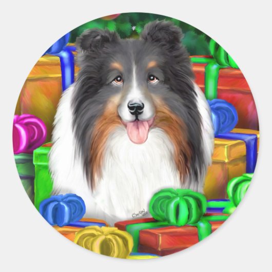 Sheltie Christmas Open Geschenke Tri Color Runder Aufkleber (Vorderseite)
