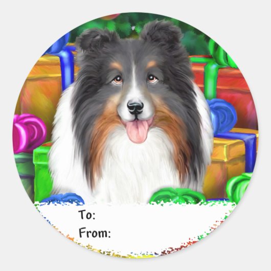 Sheltie Christmas Open Geschenke Tri Farbe Geschen Runder Aufkleber (Vorderseite)