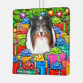 Sheltie Christmas Open Geschenke Tri Farbe Keramikornament (Links)