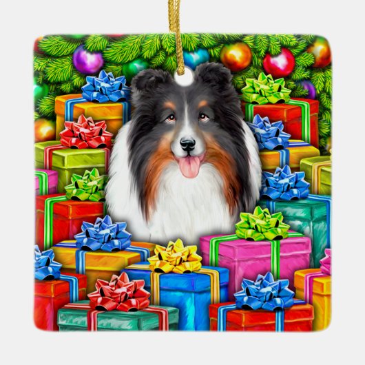 Sheltie Christmas Open Geschenke Tri Farbe Keramikornament (Vorderseite)