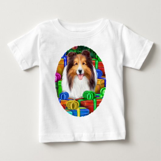 Sheltie Christmas Open Geschenke Verkauf Baby T-shirt (Vorderseite)