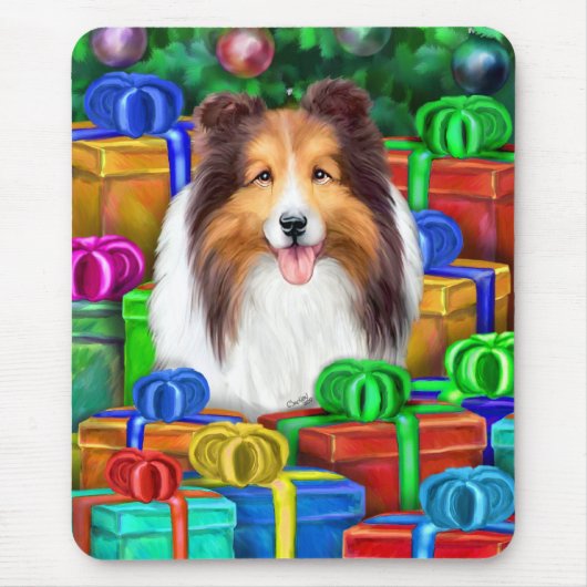 Sheltie Christmas Open Geschenke Verkauf Mousepad (Vorne)