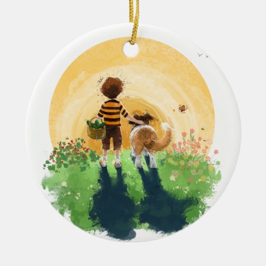 Sheltie Dog and Boy Walk in Sunset Keramik Ornament (Vorne)