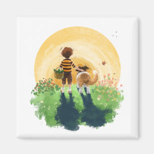 Sheltie Dog and Boy Walk in Sunset Magnet