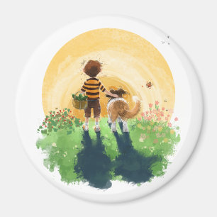 Sheltie Dog and Boy Walk in Sunset Magnet