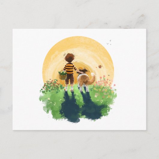 Sheltie Dog and Boy Walk in Sunset Postkarte (Vorderseite)
