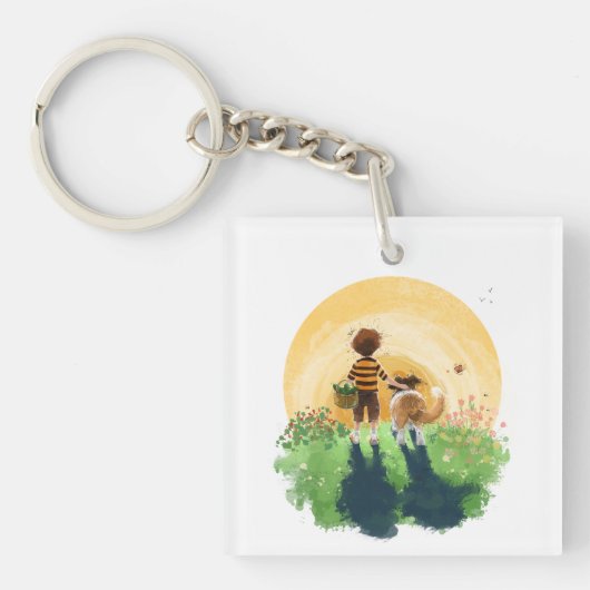 Sheltie Dog and Boy Walk in Sunset Schlüsselanhänger (Vorderseite)