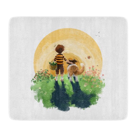 Sheltie Dog and Boy Walk in Sunset Schneidebrett (Vorderseite)