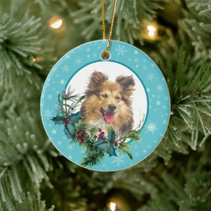 Sheltie Dog Snowflake Blue Frame Holiday Bouquet Keramik Ornament