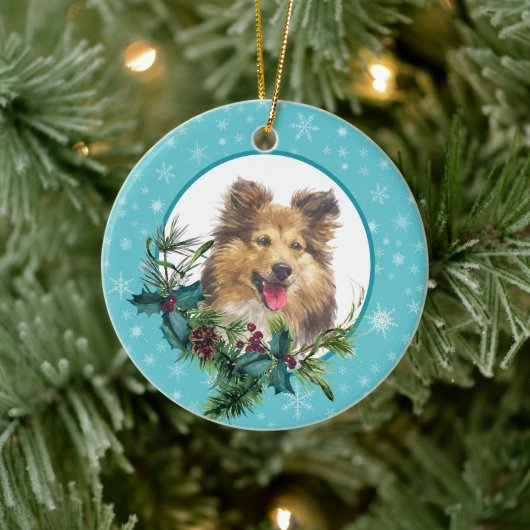 Sheltie Dog Snowflake Blue Frame Holiday Bouquet Keramik Ornament (Baum)