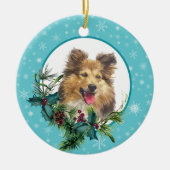 Sheltie Dog Snowflake Blue Frame Holiday Bouquet Keramik Ornament (Vorne)