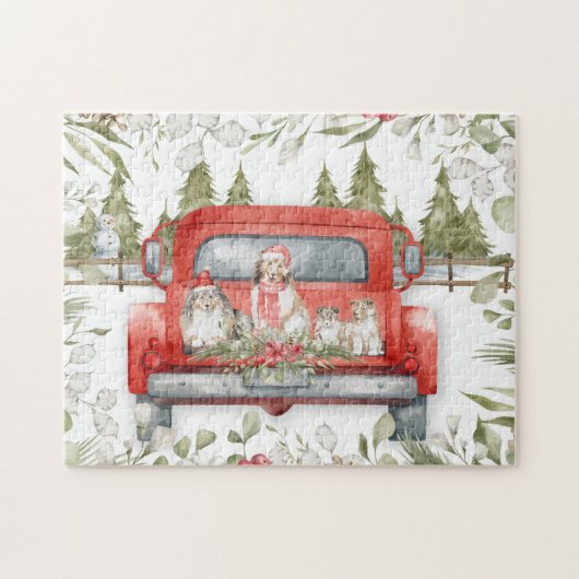 Sheltie Family in Red Truck Weihnachten Puzzle (Horizontal)
