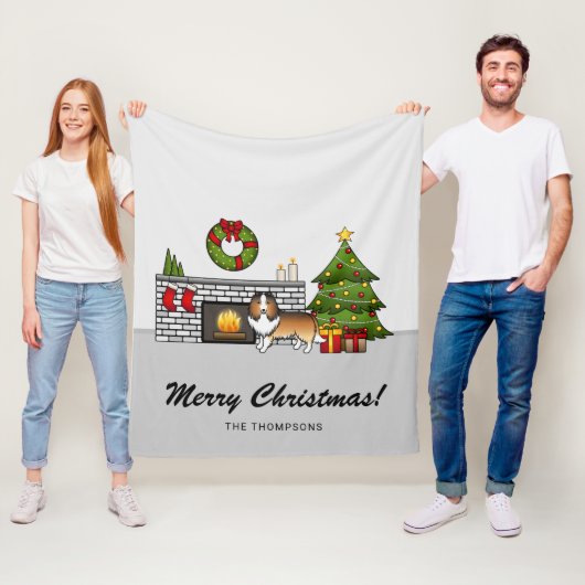 Sheltie Hund in einem Weihnachtszimmer & Text Fleecedecke (Beispiel)