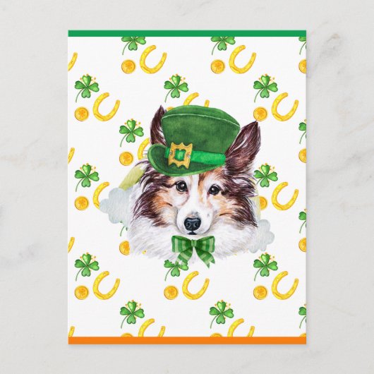 Sheltie Kleeblatt St. Patricks Day Feiertagspostkarte (Vorderseite)