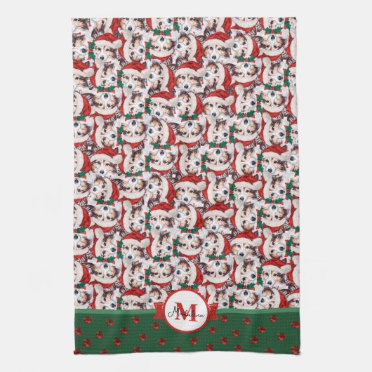 Sheltie Pattern Monogram Christmas Dog Geschirrtuch (Vertikal)