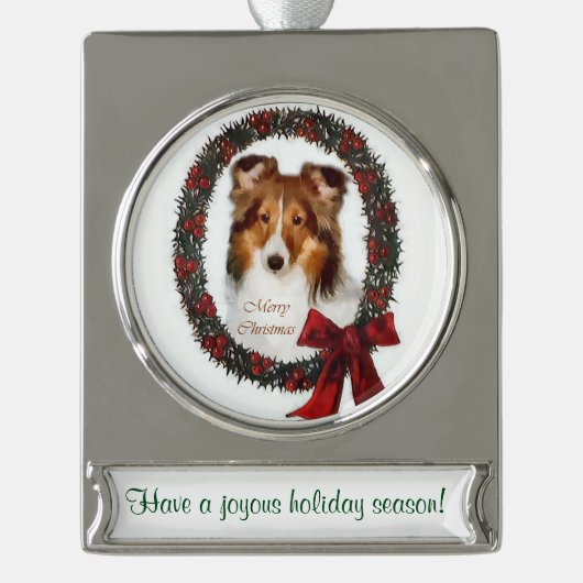 Sheltie Personalisiert Weihnachten Banner-Ornament Silber (Vorderseite)