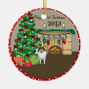 Sheltie Puppys erstes Weihnachten 2013 Keramikornament