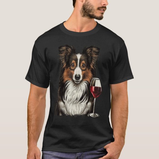 Sheltie Red Wine drinking Shetland Sheepdog T-Shirt (Vorderseite)
