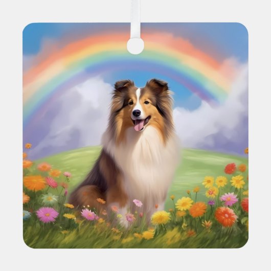 Sheltie Shetland Sheepdog Custom Dog Rainbow Ornament Aus Metall (Vorderseite)