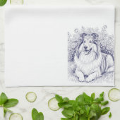 Sheltie-Skizze mit Rosenbusch Geschirrtuch (Gefaltet)