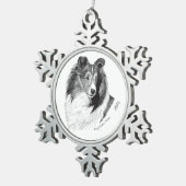 Sheltie Stift u. Tinte durch Cindy Alvarado - Schneeflocken Zinn-Ornament (Rechts)