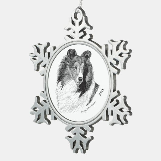 Sheltie Stift u. Tinte durch Cindy Alvarado - Schneeflocken Zinn-Ornament (Rechts)
