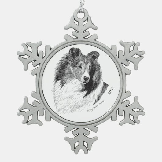 Sheltie Stift u. Tinte durch Cindy Alvarado - Schneeflocken Zinn-Ornament (Vorderseite)