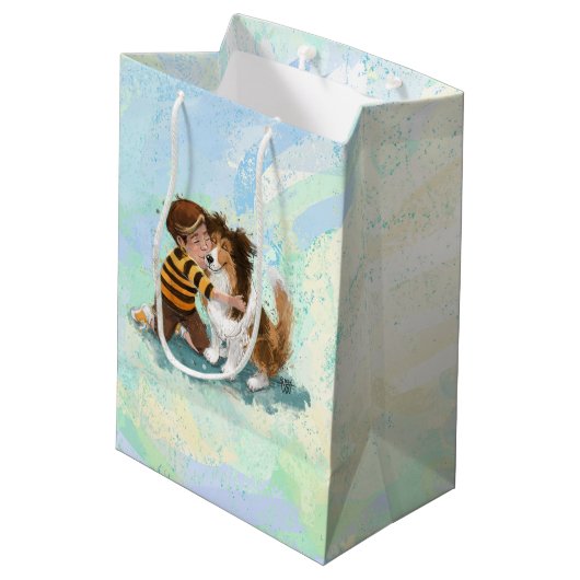 Sheltie und Boy Hug Mittlere Geschenktüte (Rückseite Schrägansicht)
