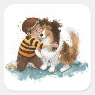 Sheltie und Boy Hug Quadratischer Aufkleber