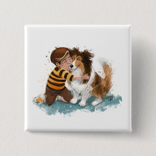 Sheltie und Junge umarmen sich Button (Vorderseite)