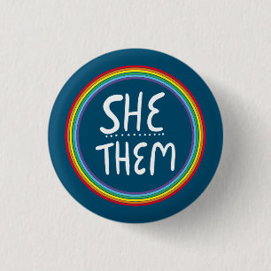 SHEM/THEM Pronouns Rainbow Handlettered Minimal Bu Button