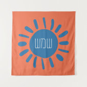 Shemesh - Blue Sun auf Orange in Hebräisch Wandteppich (Vorderseite)
