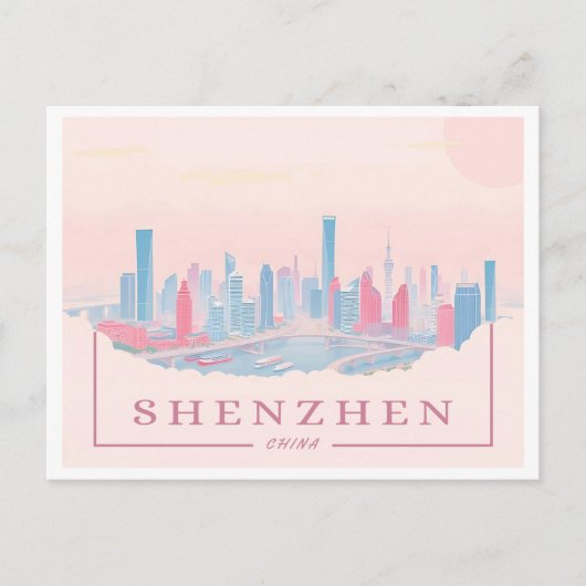 Shenzhen China Futuristic Skyline Pastel Travel Postkarte (Vorderseite)