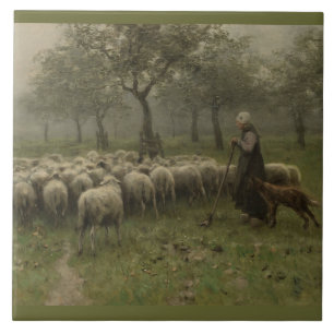 Shepherdess mit einer Menge der Schafe, Fliese