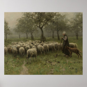 Shepherdess mit einer Menge der Schafe, Poster