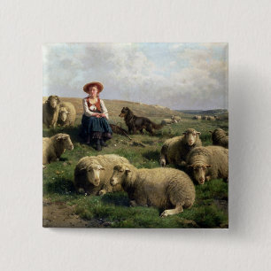 Shepherdess mit Schafen in einer Landschaft Button