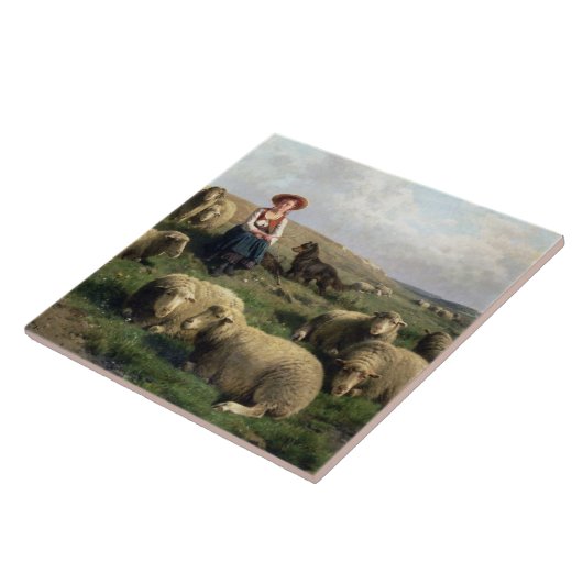 Shepherdess mit Schafen in einer Landschaft Fliese (Seite)