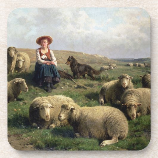 Shepherdess mit Schafen in einer Landschaft Getränkeuntersetzer (Vorderseite)