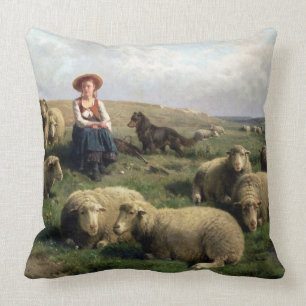 Shepherdess mit Schafen in einer Landschaft Kissen
