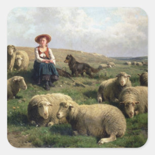 Shepherdess mit Schafen in einer Landschaft Quadratischer Aufkleber