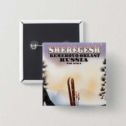 Sheregesh Russia Ski-Reiseplakat. Button (Vorne & Hinten)
